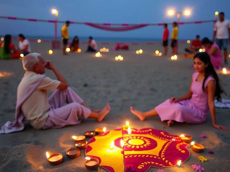 Indian Ocean Volley Wave - Diwali Beach Bash Indian Ocean Volley Wave Diwali event showing beach court with diyas and rangoli decorations during volleyball match