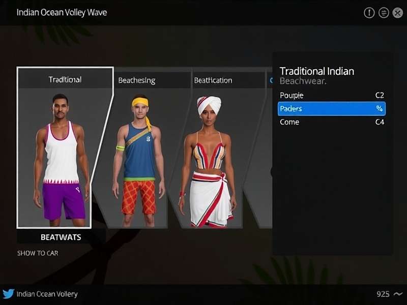 Indian Ocean Volley Wave - Customize Your Players Indian Ocean Volley Wave player customization screen showing traditional Indian beachwear options